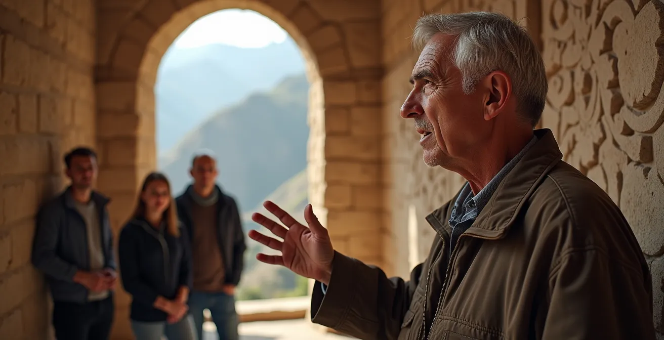 Guide arménien expliquant les détails architecturaux d'un monastère à un groupe attentif