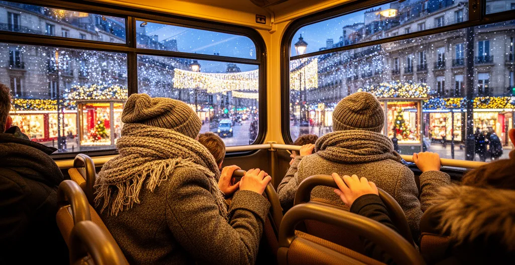 Vue de dos d'une famille observant les décorations de Noël depuis un bus panoramique