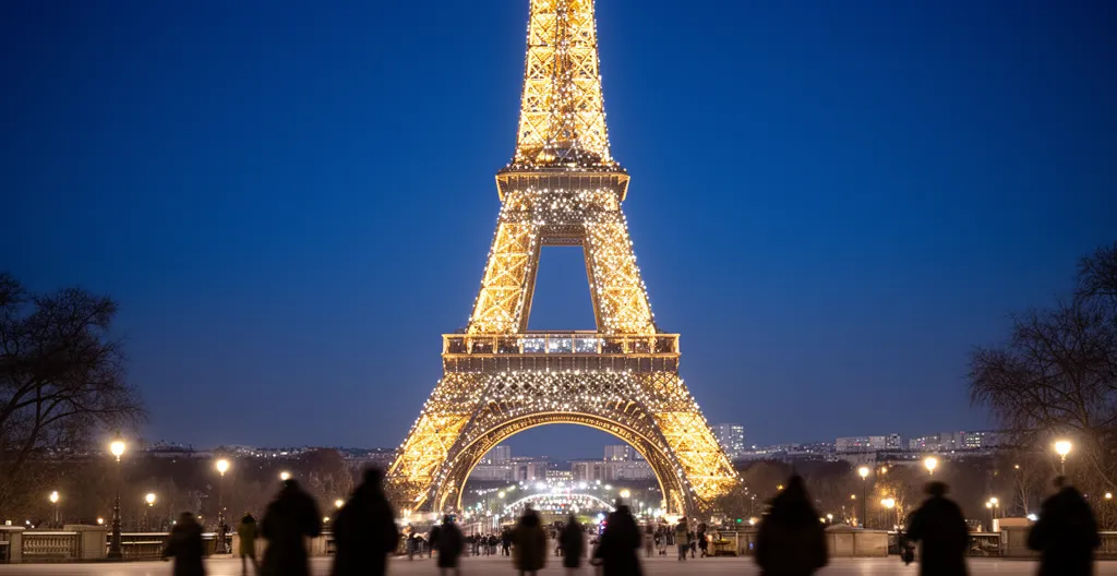 Tour Eiffel scintillante vue depuis le Trocadéro en soirée d'hiver